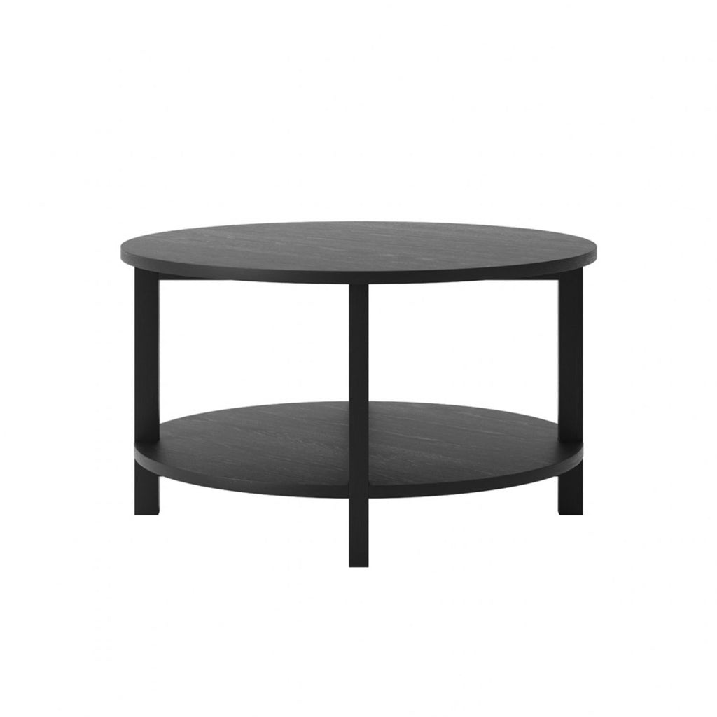 Black Round Coffee Table with Shelf and Matte Grain Finish