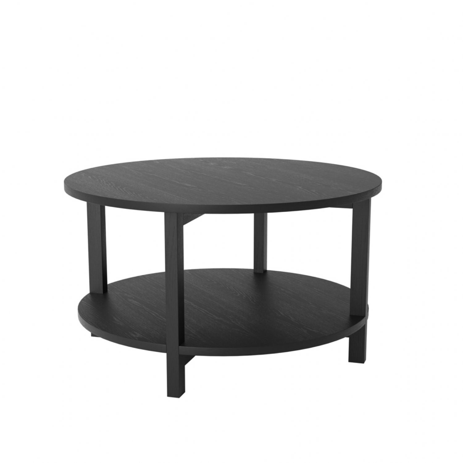 Black Round Coffee Table with Shelf and Matte Grain Finish