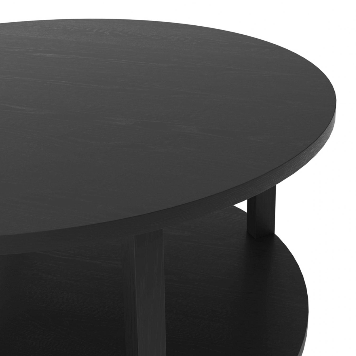 Black Round Coffee Table with Shelf and Matte Grain Finish