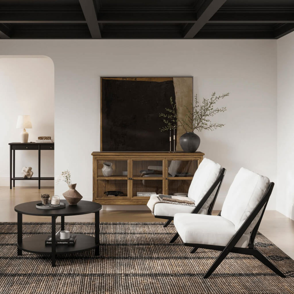 Black Round Coffee Table with Shelf and Matte Grain Finish