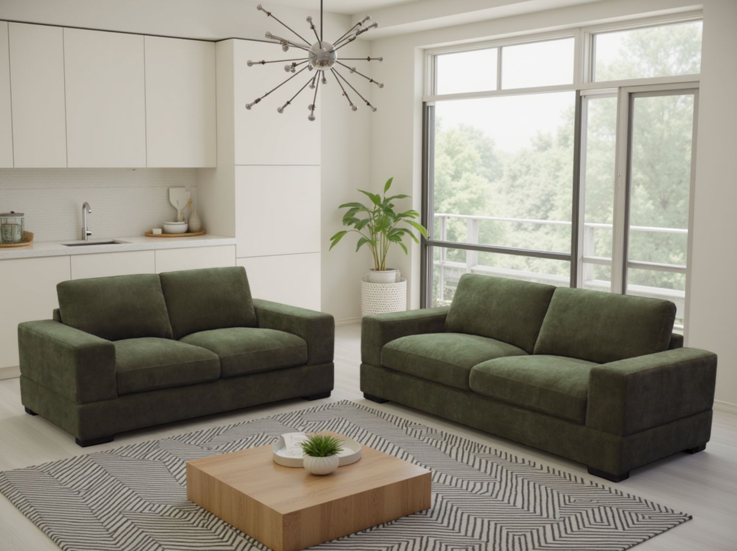 Forest Green Woven Fabric Upholstery 3+2 Seater Sofa Set