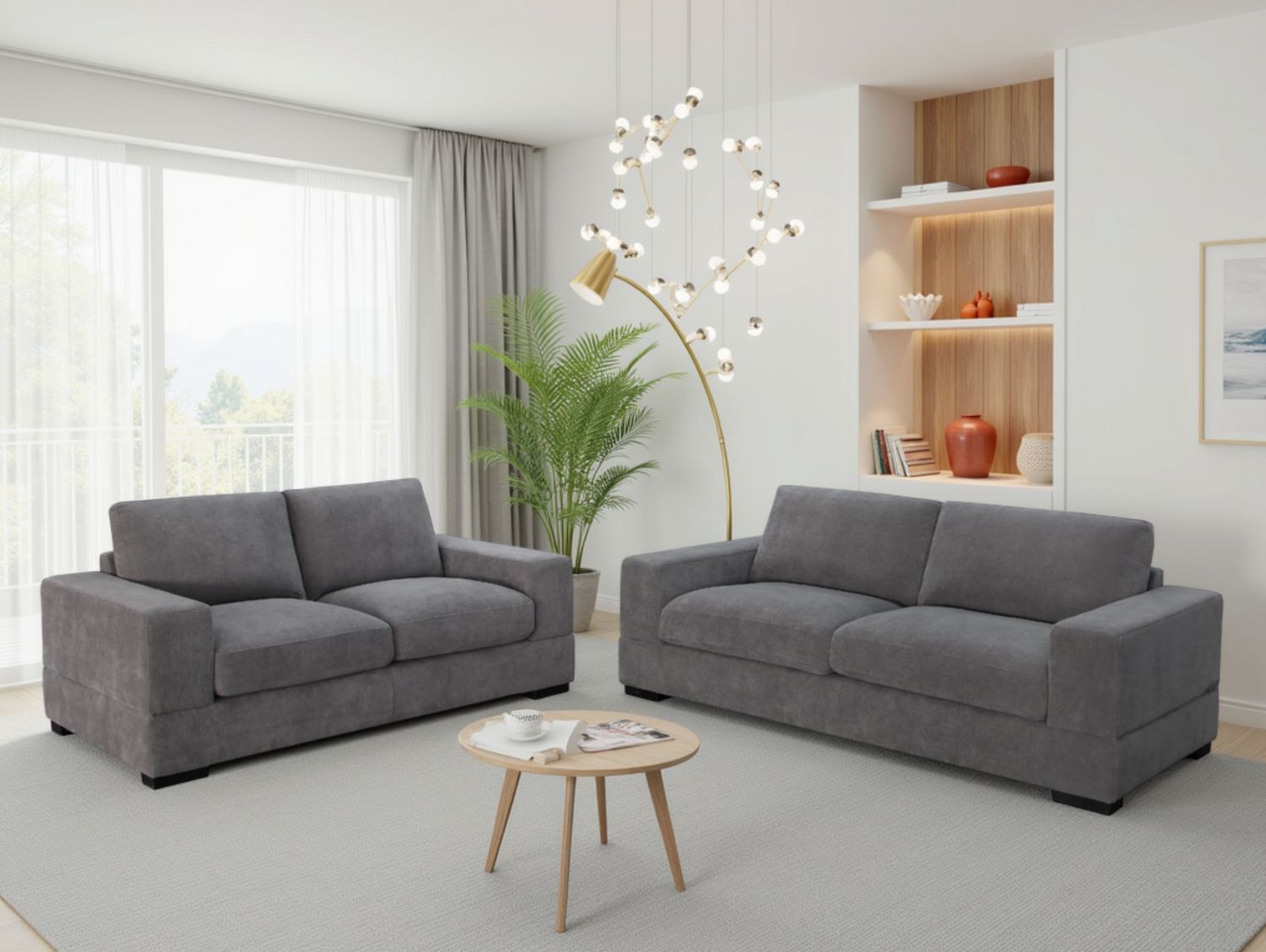 Grey Woven Fabric Upholstery 3+2 Seater Sofa Set