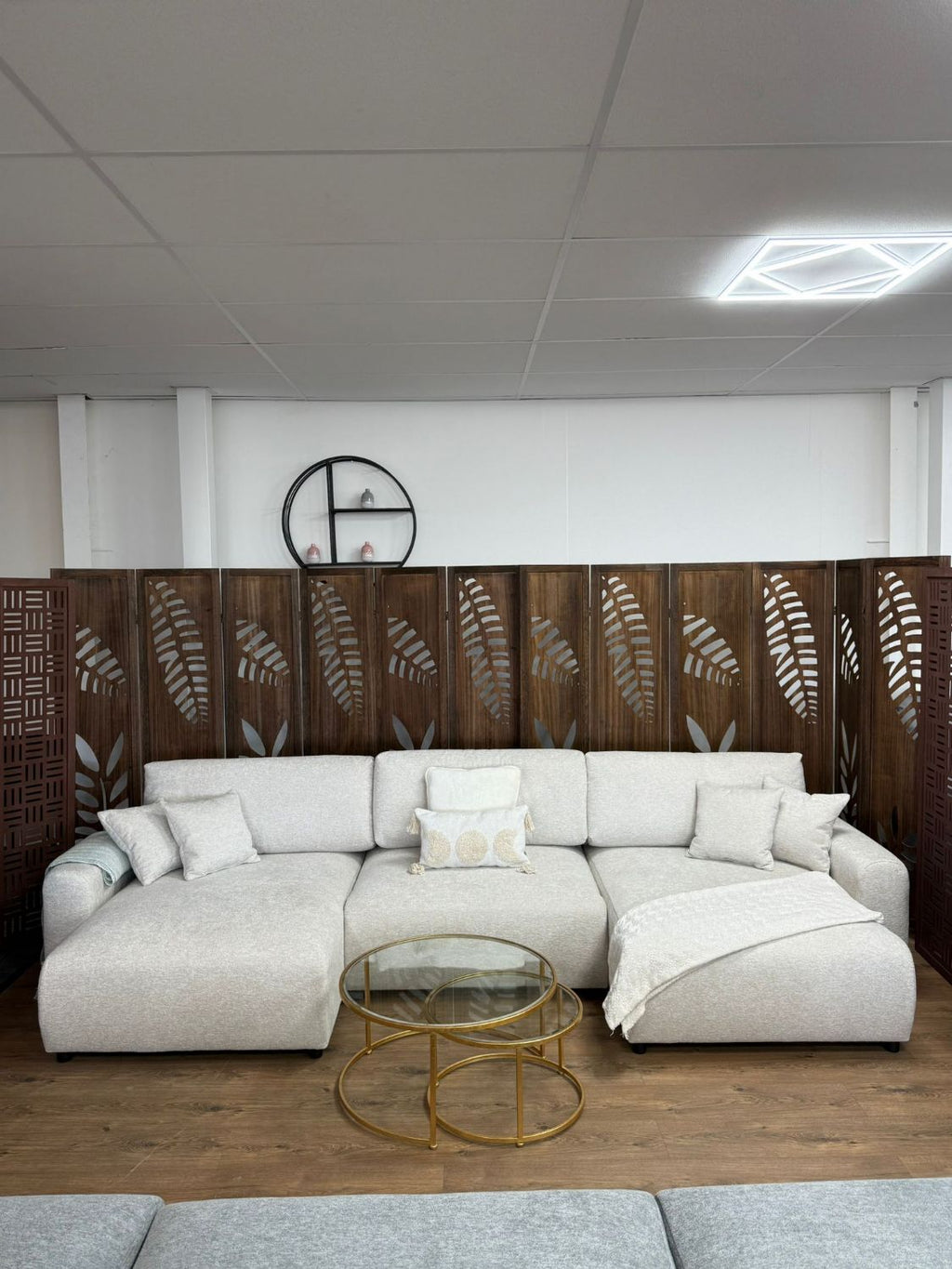 Beige Fabric Large U Shape Corner Sofa Bed with Storage