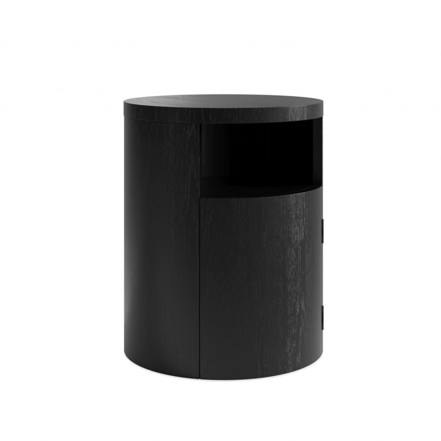 Matte Black Wood Grain Effect Cylindrical Bedside Table