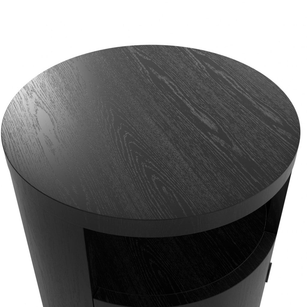 Matte Black Wood Grain Effect Cylindrical Bedside Table