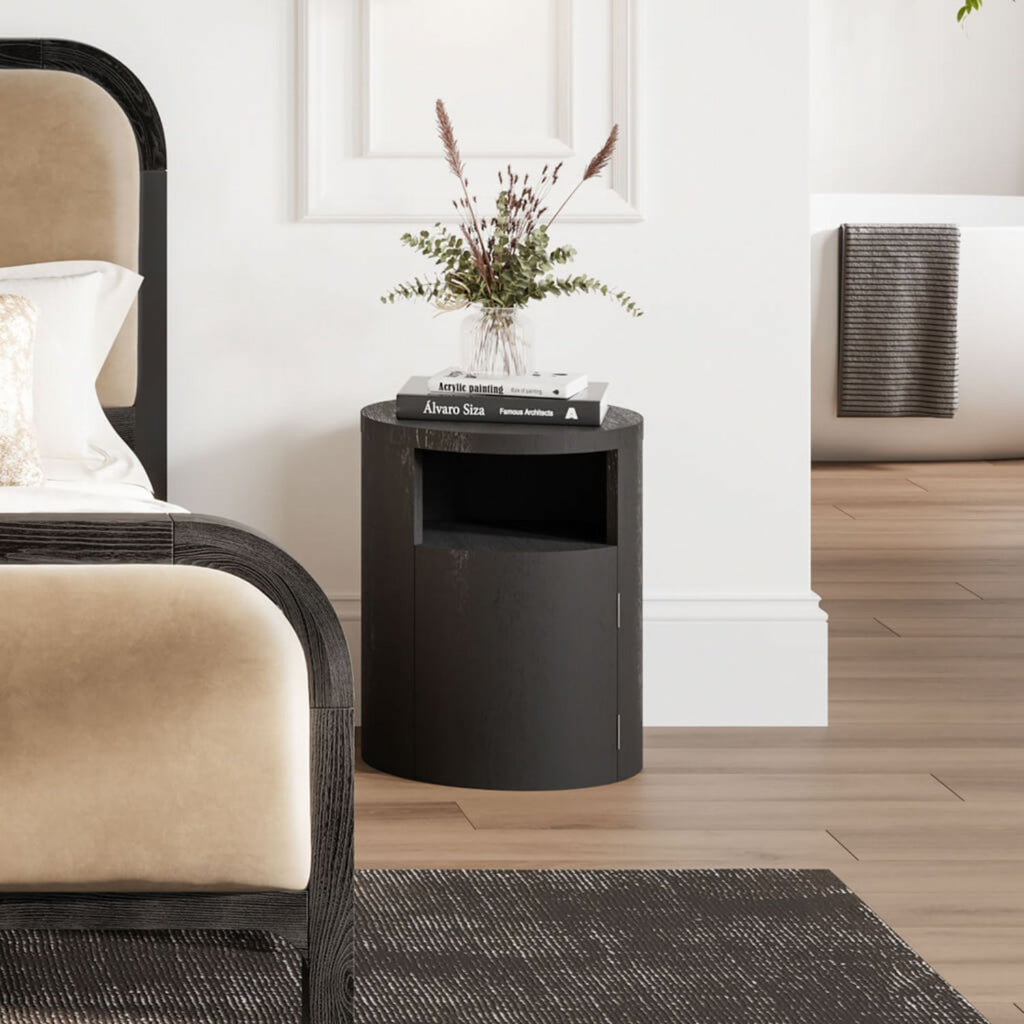 Matte Black Wood Grain Effect Cylindrical Bedside Table
