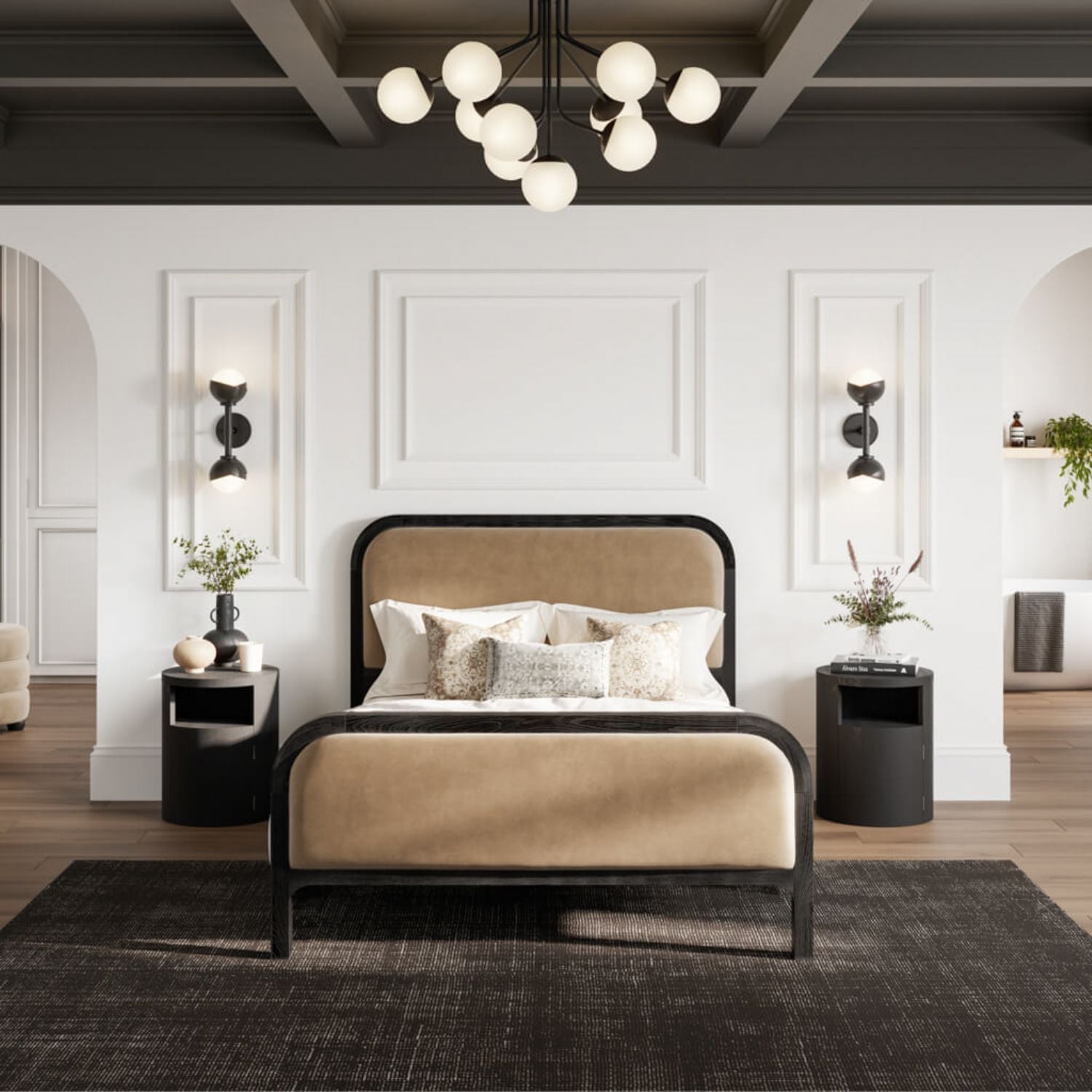 Matte Black Wood Grain Effect Cylindrical Bedside Table