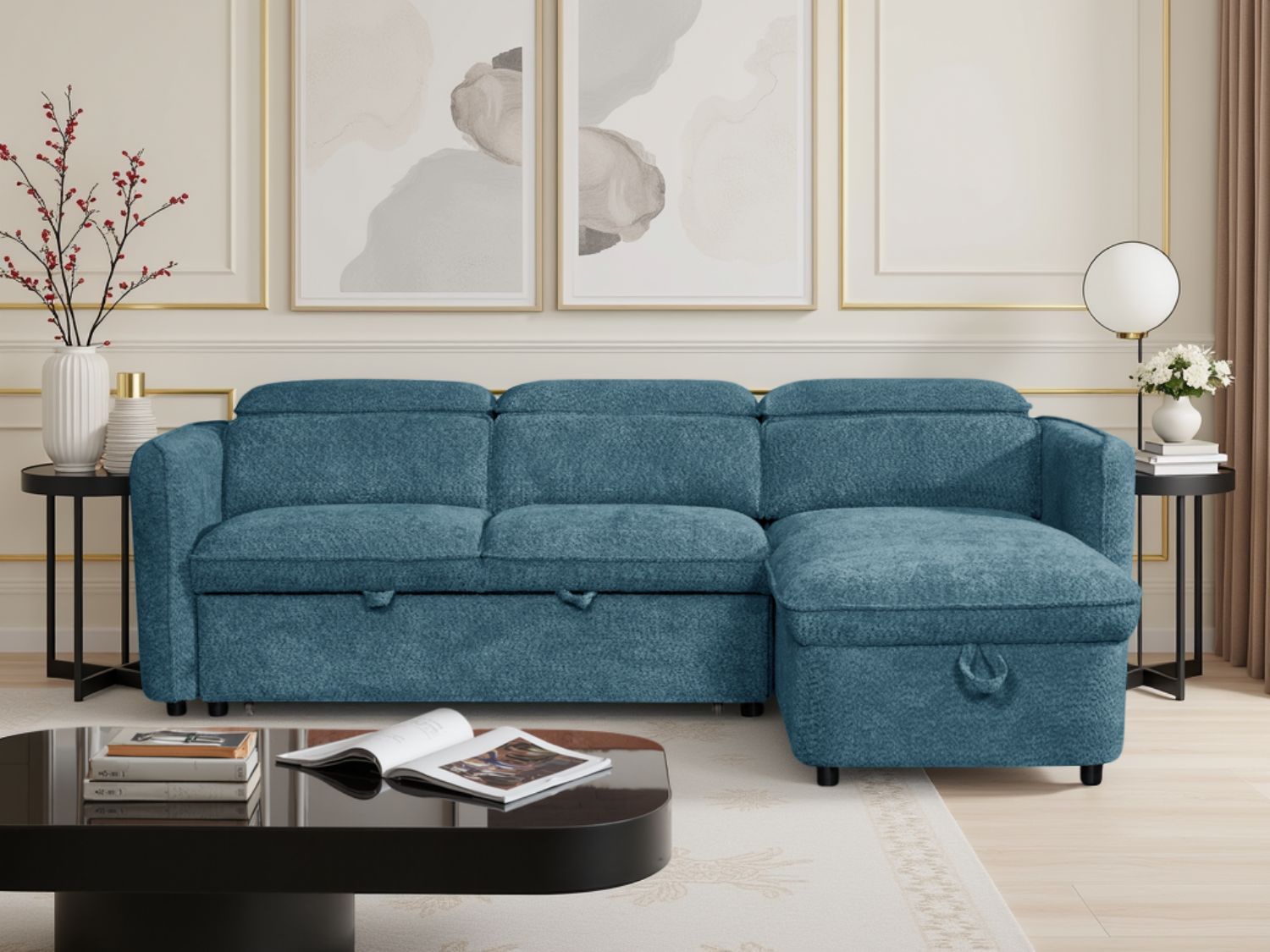 Blue Fabric Universal Corner Chaise Sofabed with Storage