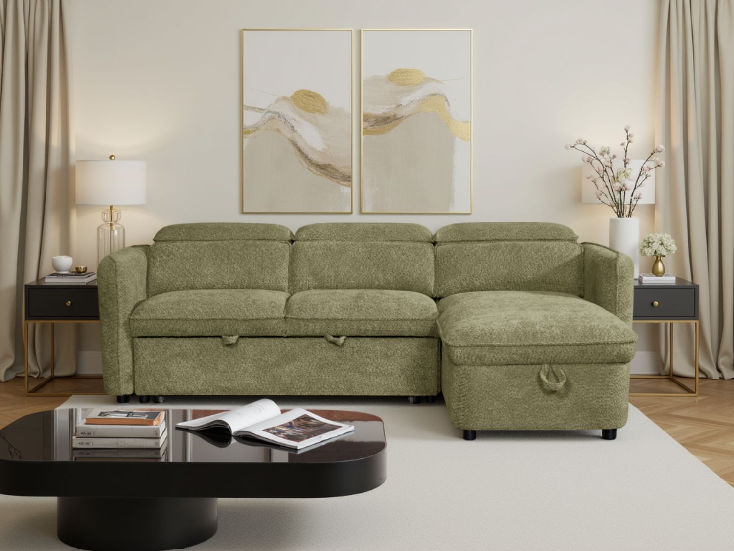 Green Fabric Universal Corner Chaise Sofabed