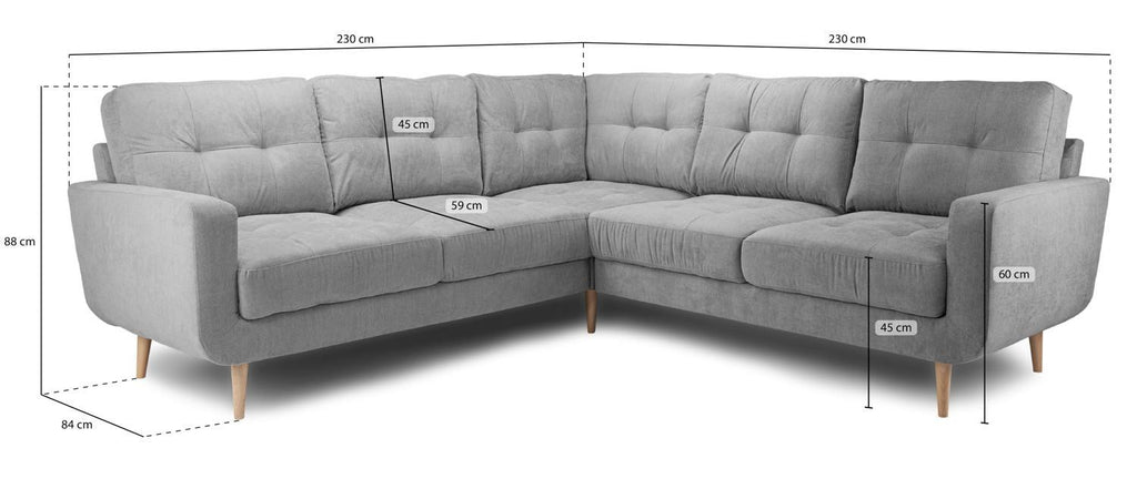 Grey Fabric Tufted Back Large Corner Sofa Wooden Legs
