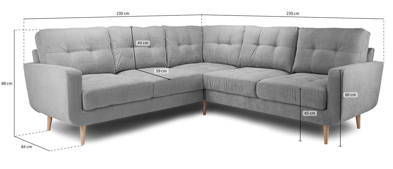 Grey Fabric Tufted Back Large Corner Sofa Wooden Legs