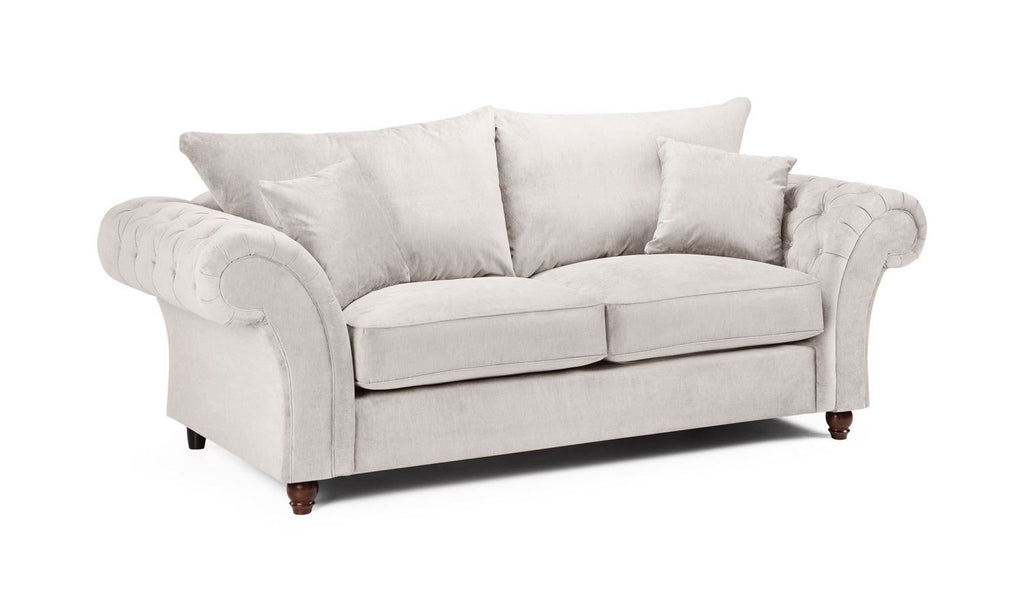 Stone Fabric Buttoned Back Fullback 3 Seater Sofa Scroll Arm