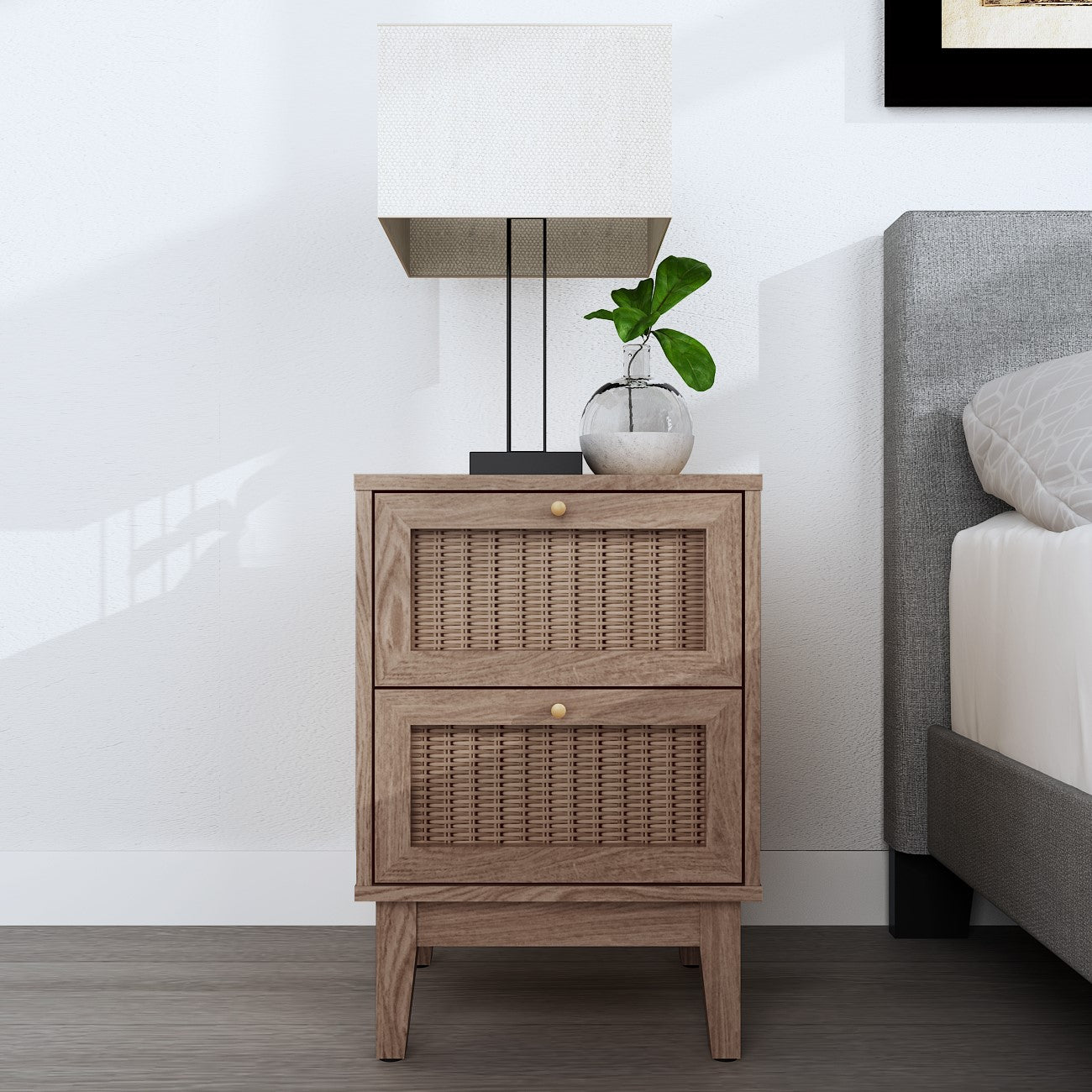 Oak 2 Drawer Bedside Cabinet with Gold Metal Handles