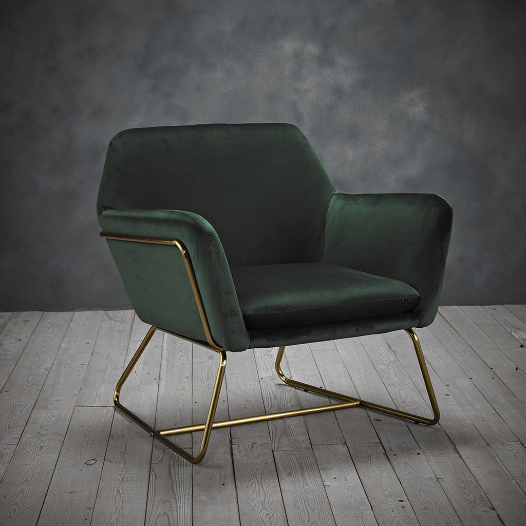Green Velvet Upholstered Armchair with Gold Frame and Black Metal Legs
