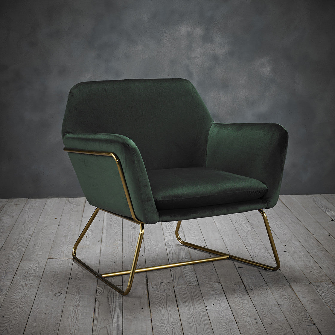 Green Velvet Upholstered Armchair with Gold Frame and Black Metal Legs