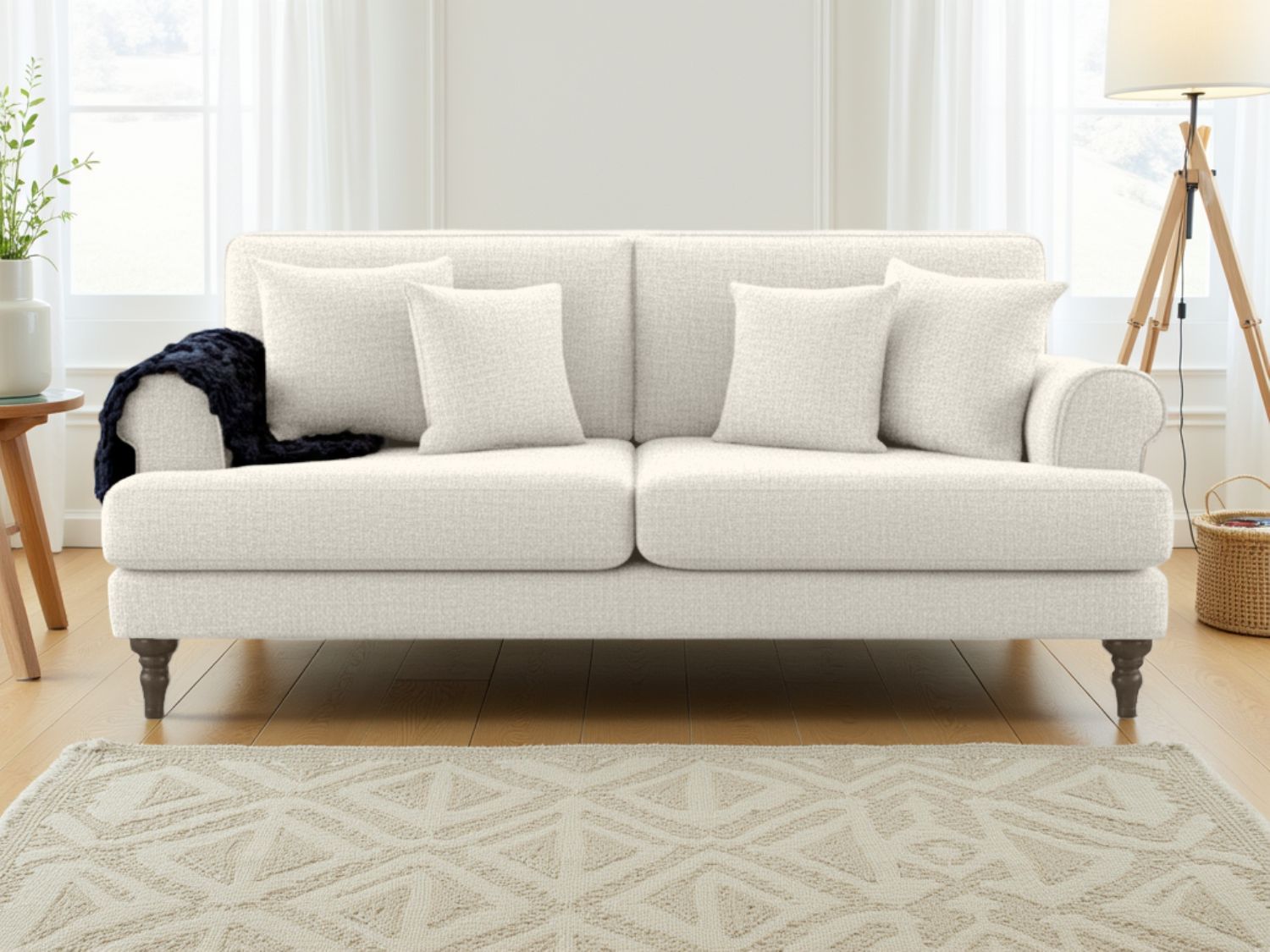 Beige Fabric 3 Seater Sofa Scrolled Arms and Wooden Legs