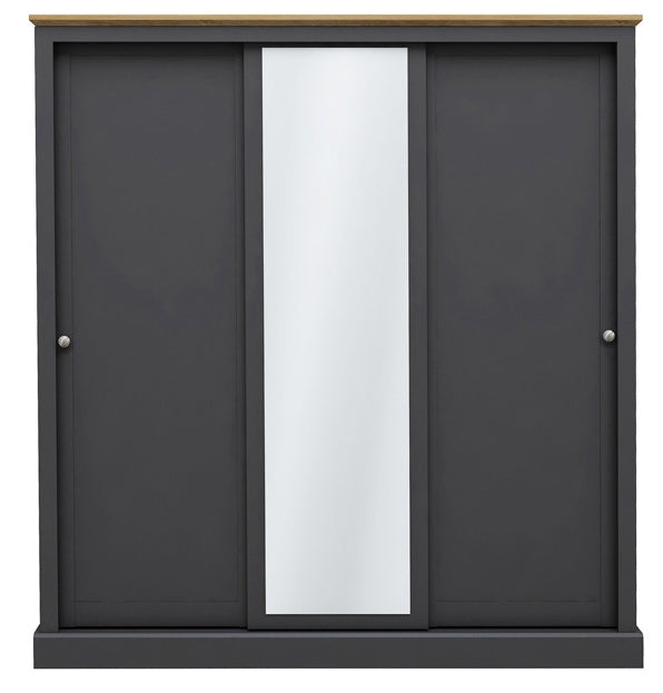Charcoal Painted Oak Effect Top Triple Sliding Wardrobe with Central Mirror