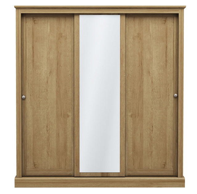 Traditional Oak Effect Large Triple Sliding Wardrobe with Central Mirror