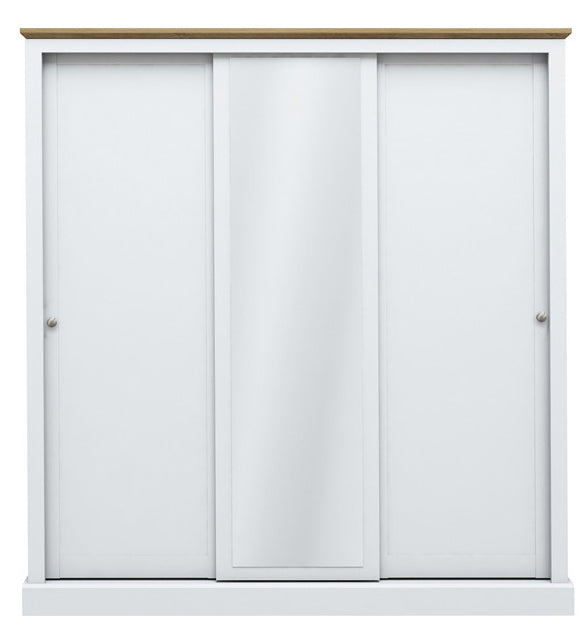 White Painted 3 Door Sliding Centre Mirror Wardrobe Oak Top