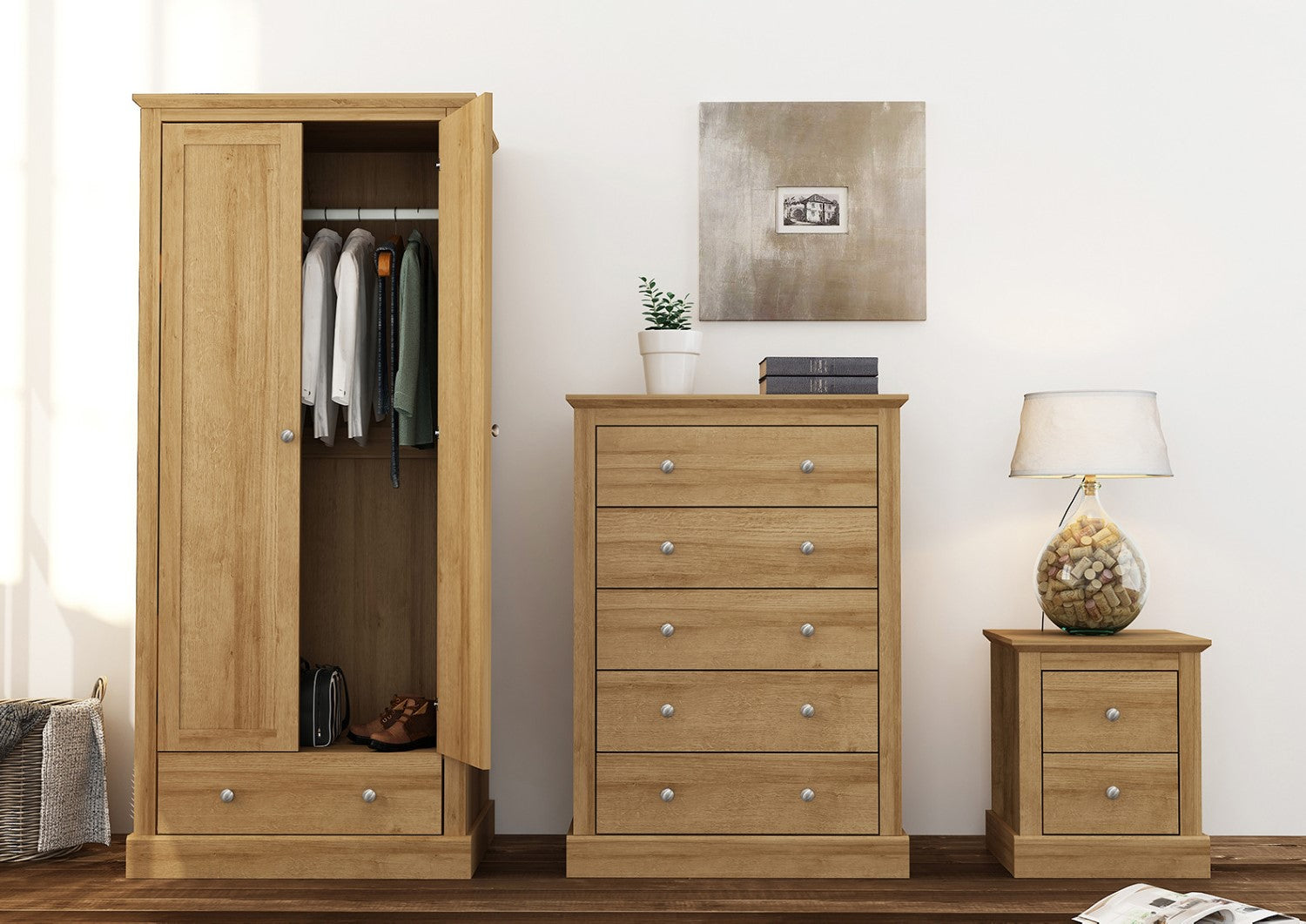 Traditional Oak Finish Wooden Bedroom Chest of 5 Drawers