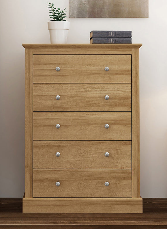 Traditional Oak Finish Wooden Bedroom Chest of 5 Drawers
