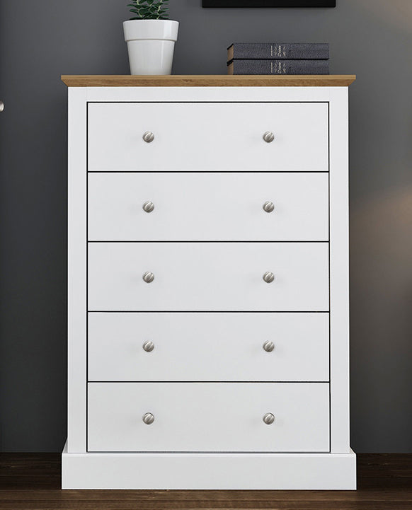 White Chest of 5 Drawers Oak Top Traditional Design