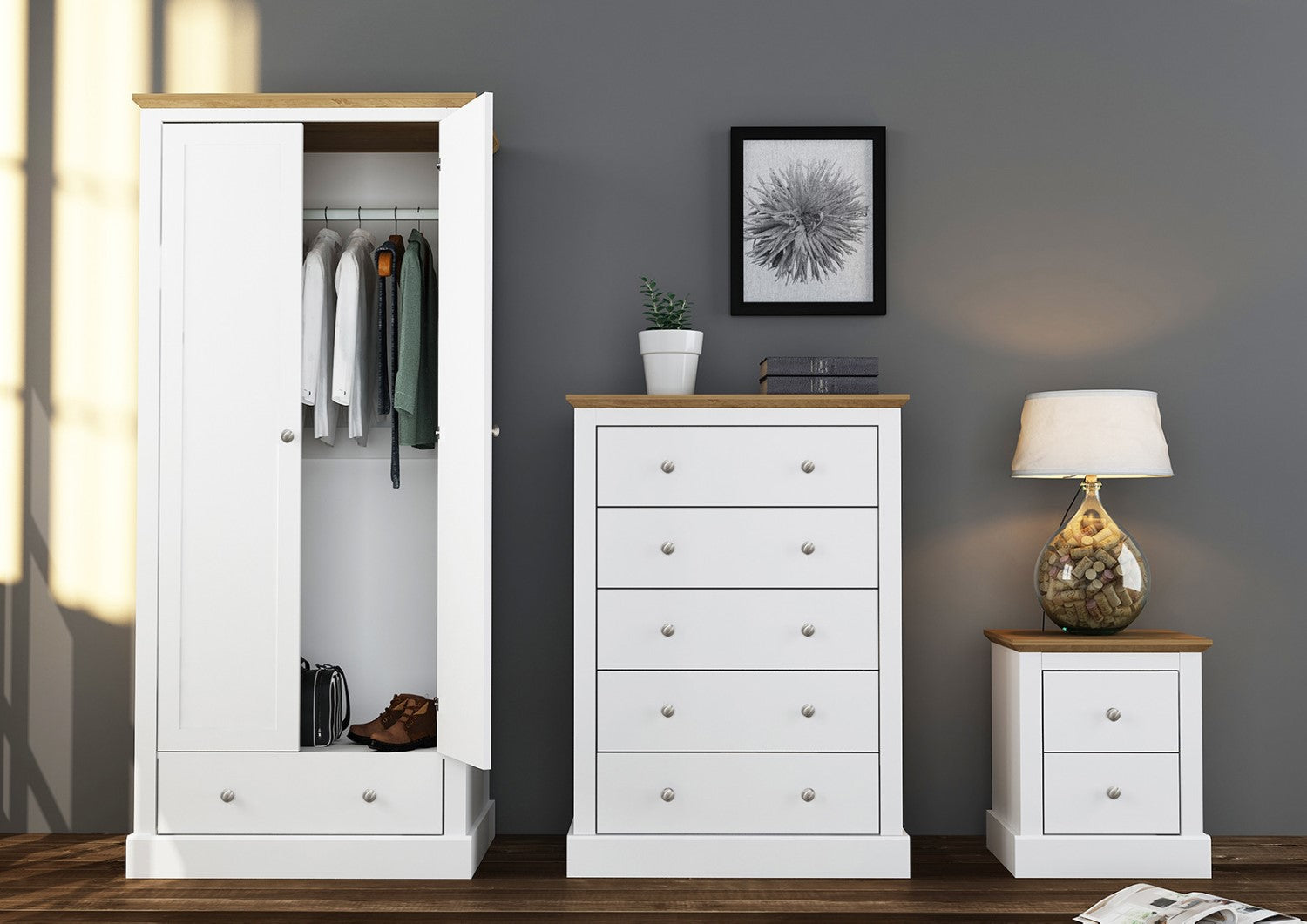 White Chest of 5 Drawers Oak Top Traditional Design