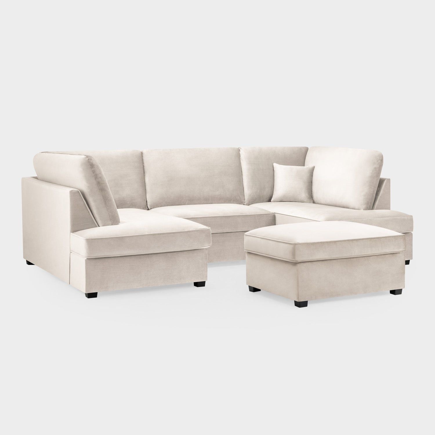 Beige Fabric U Shaped Corner Sofa Wooden Feet