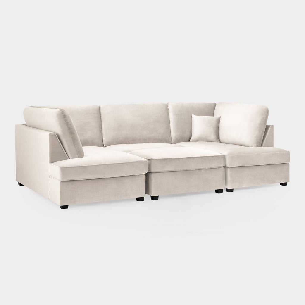 Beige Fabric U Shaped Corner Sofa Wooden Feet