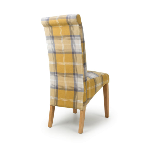 Checked Yellow Scroll Back Dining Chair Oak Legs