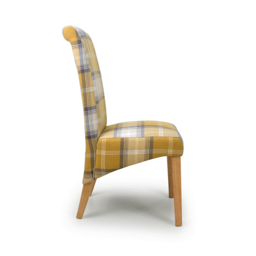 Checked Yellow Scroll Back Dining Chair Oak Legs