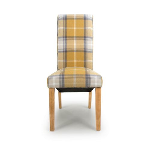 Checked Yellow Scroll Back Dining Chair Oak Legs