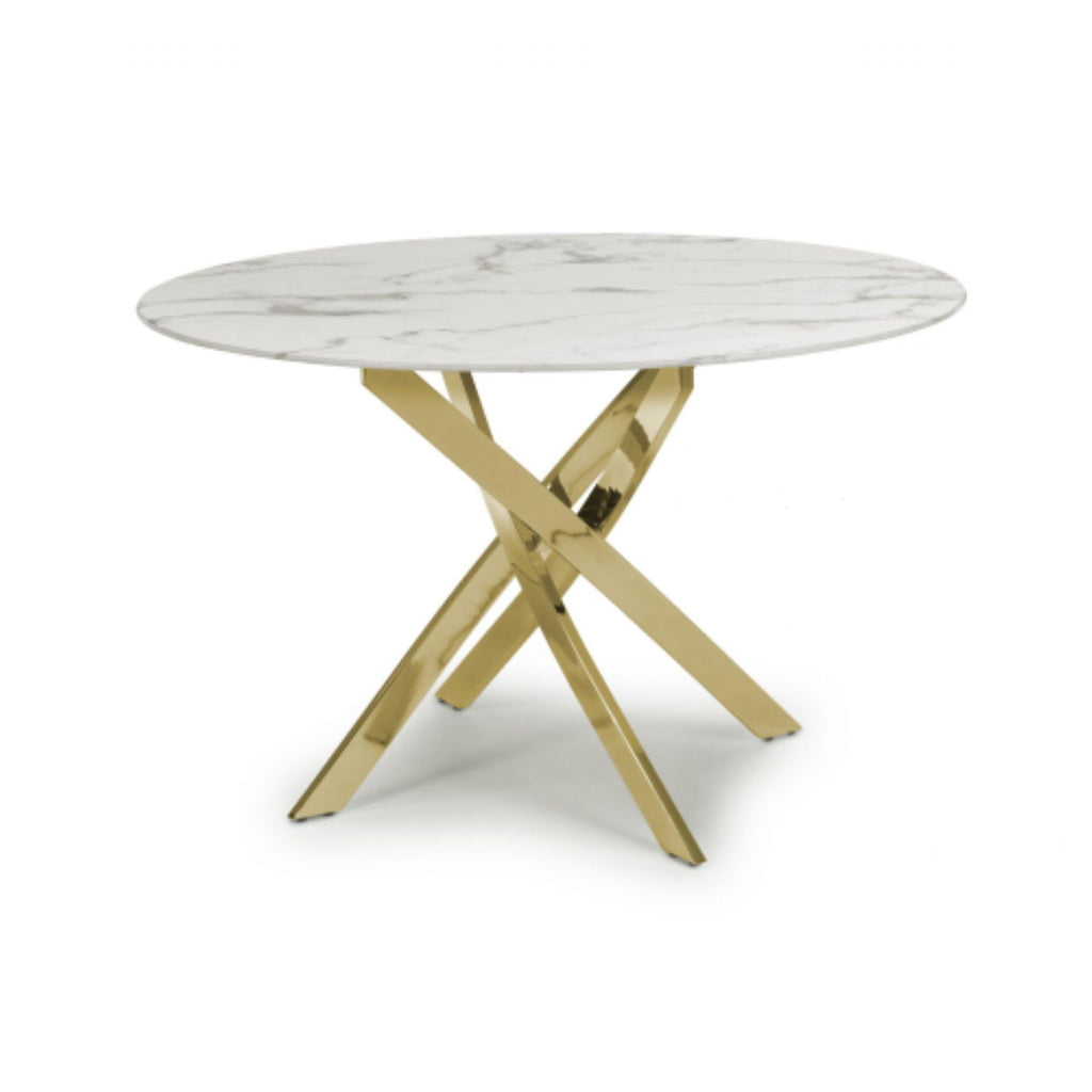 White Marble Effect 1.2m Round Dining Table Gold Metal Base