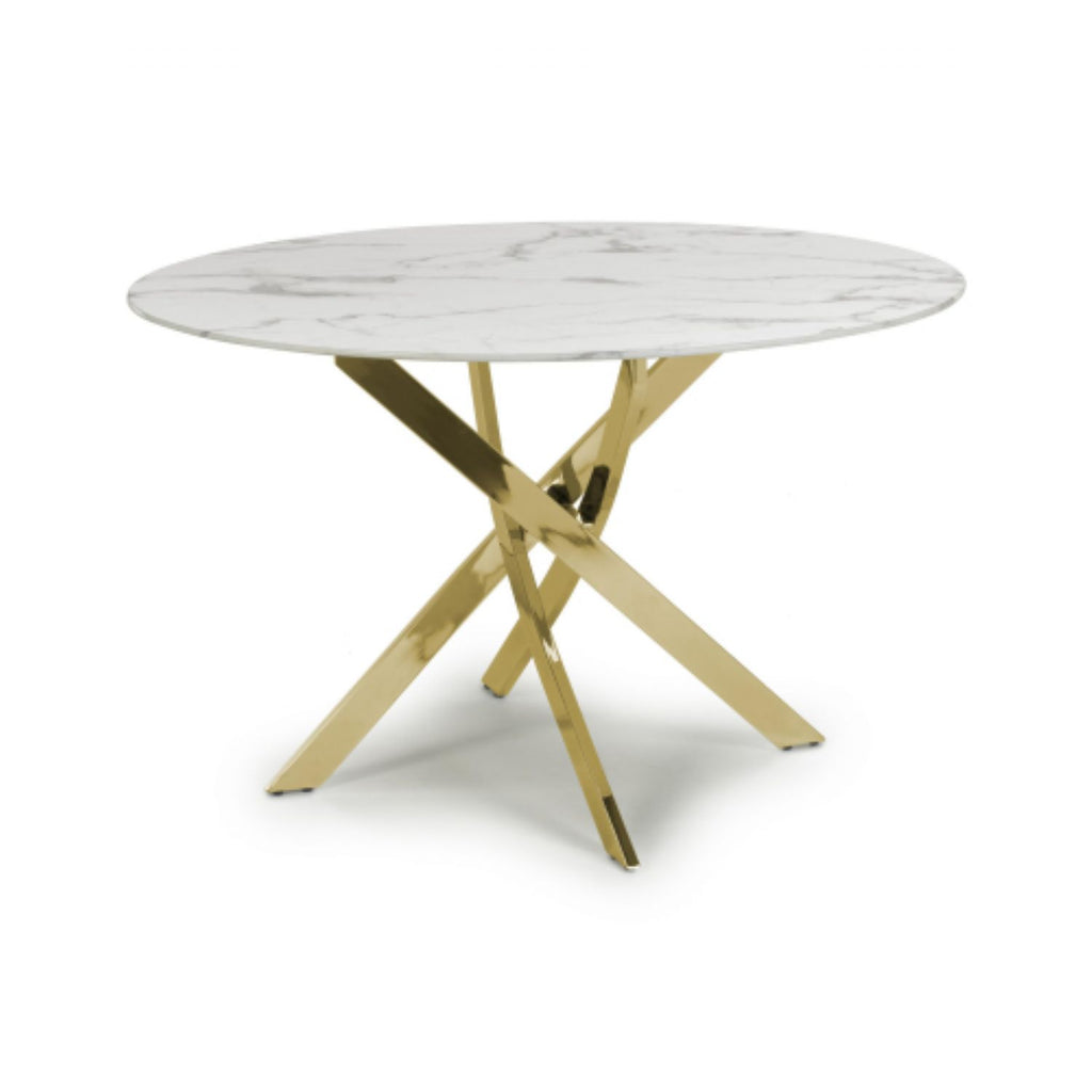 White Marble Effect 1.2m Round Dining Table Gold Metal Base