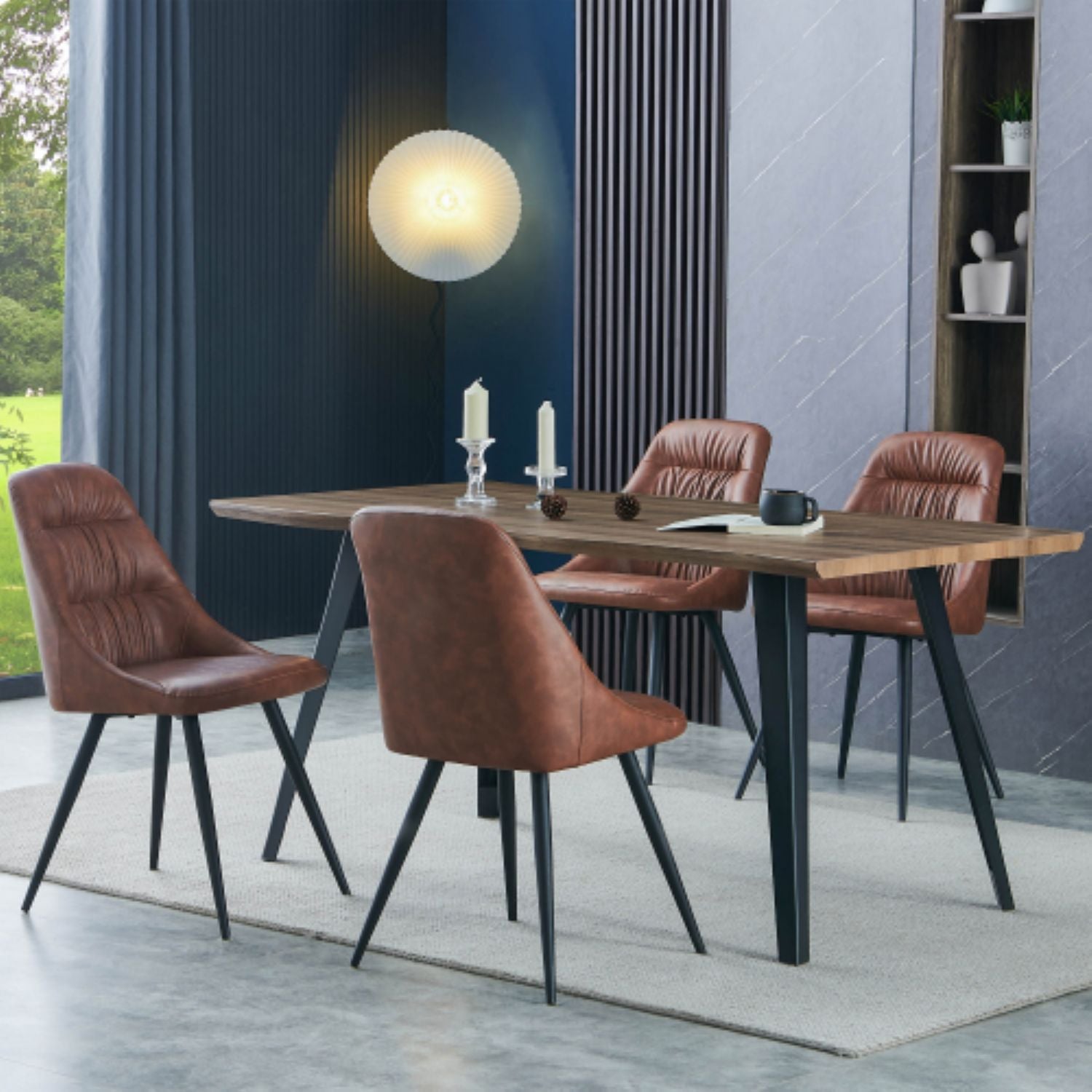 Walnut 1.6m Dining Table Set with 4 Tan Fabric Chair