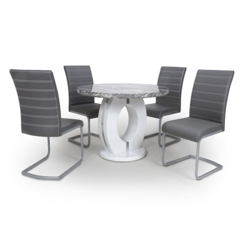 Grey Marble Effect Small Round Dining Set 4 Leather Chairs