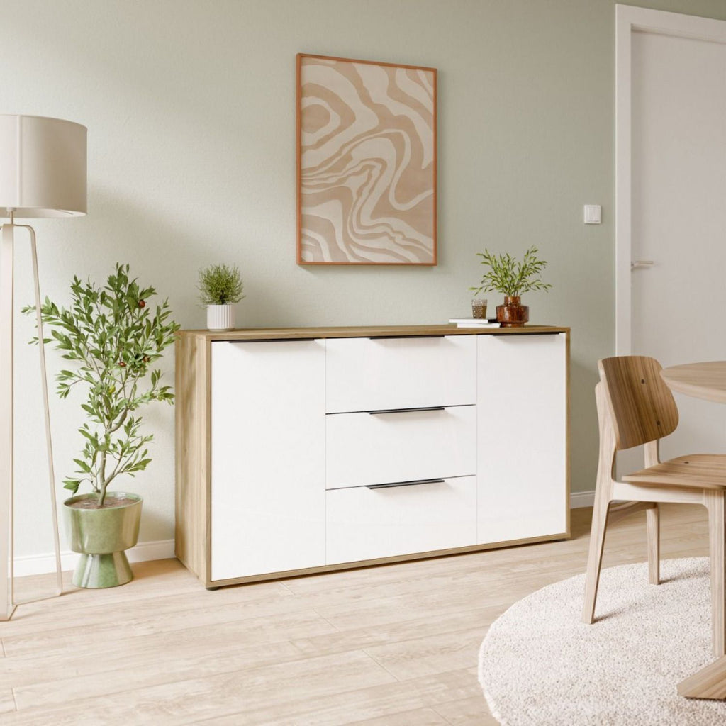 Orkney 3 Drawer Sideboard with 2 Doors in Mauvella Oak and White Gloss