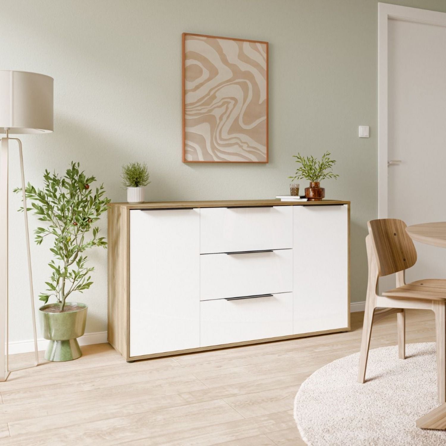 Orkney 3 Drawer Sideboard with 2 Doors in Mauvella Oak and White Gloss