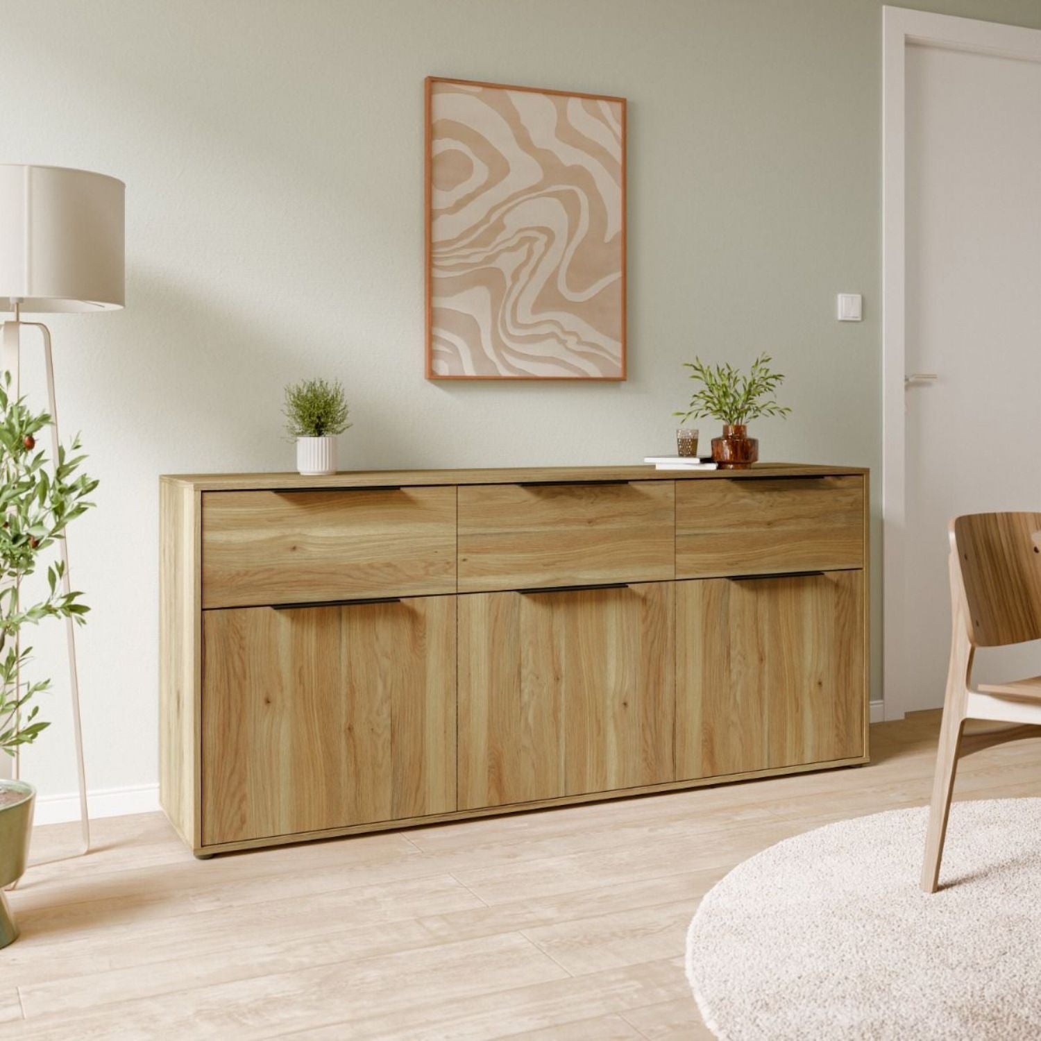 Orkney 3 Drawer Sideboard with 3 Doors in Mauvella Oak