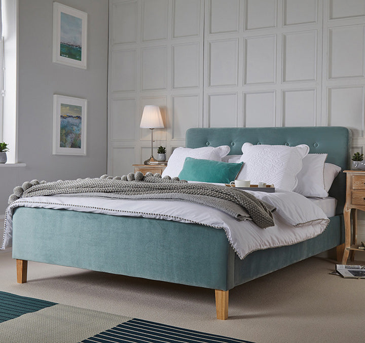4ft6in 135cm Double Bed Frame Aqua Velvet Fabric Upholstery Light Oak Legs Buttoned
