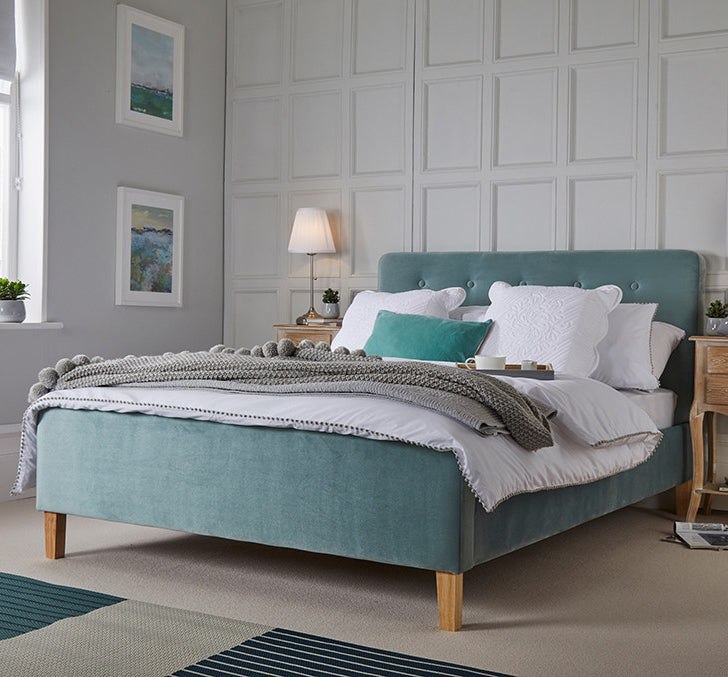 Blue Velvet Buttoned Fabric 5ft King Size Bed Frame Oak Legs