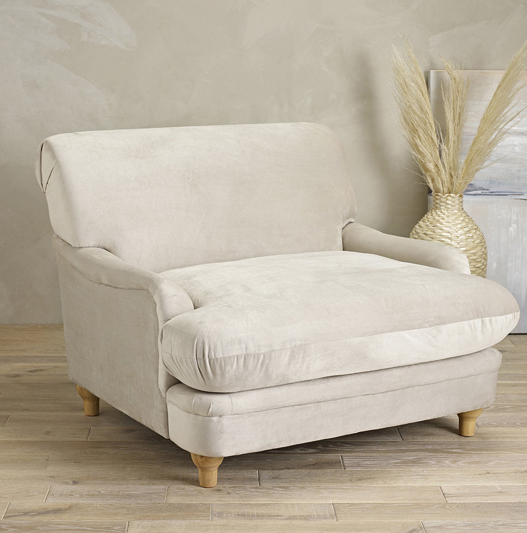 Beige Velvet Upholstered Lounge Armchair with Oak Legs and Cushioned Seat