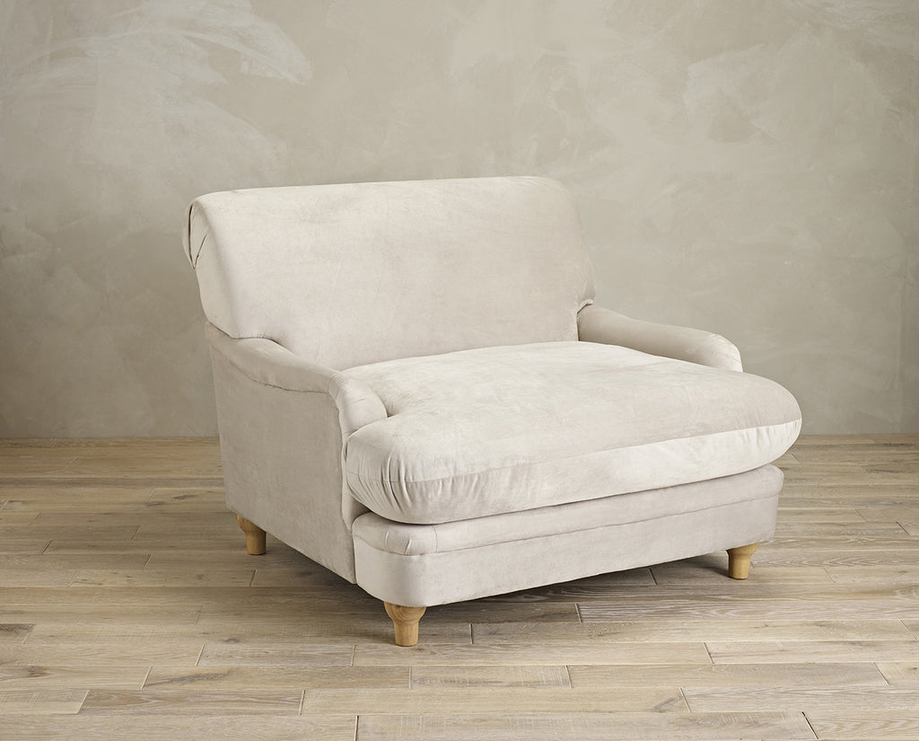 Beige Velvet Upholstered Lounge Armchair with Oak Legs and Cushioned Seat