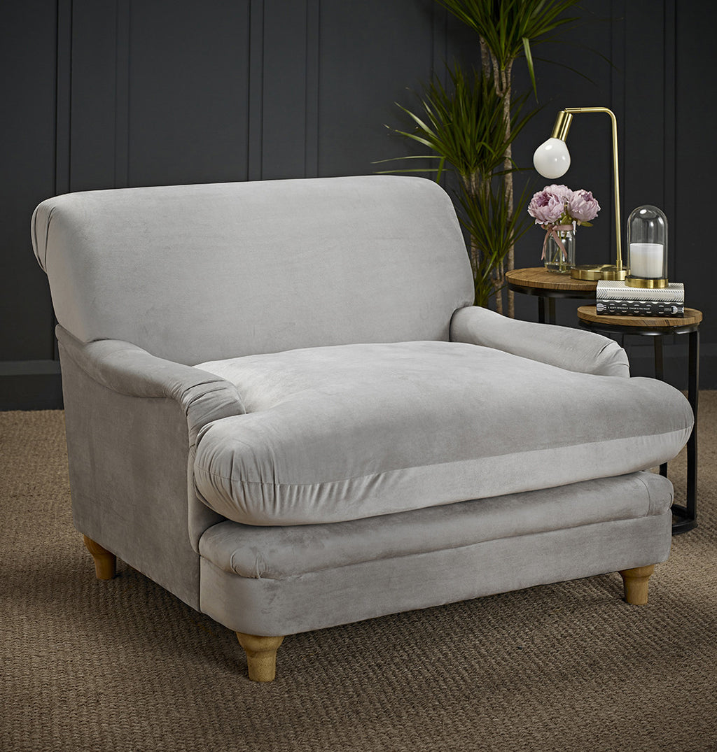 Grey Velvet Upholstered Wide Armchair with Oak Finish Legs