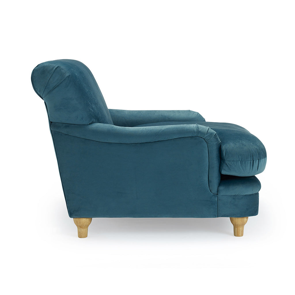 Blue Velvet Upholstered Wide Armchair with Oak Finish Legs